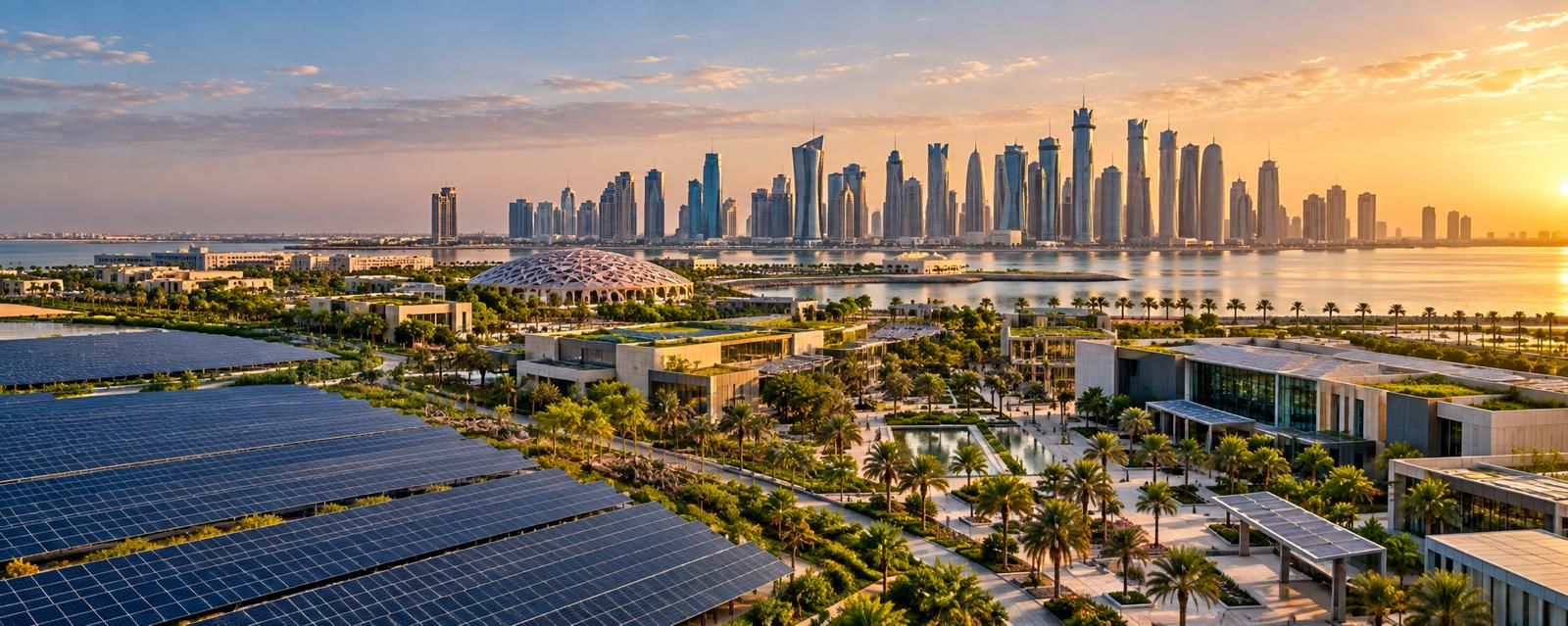 Sustainable Qatar cityscape with solar panels, green urban spaces and modern waterfront buildings at sunset